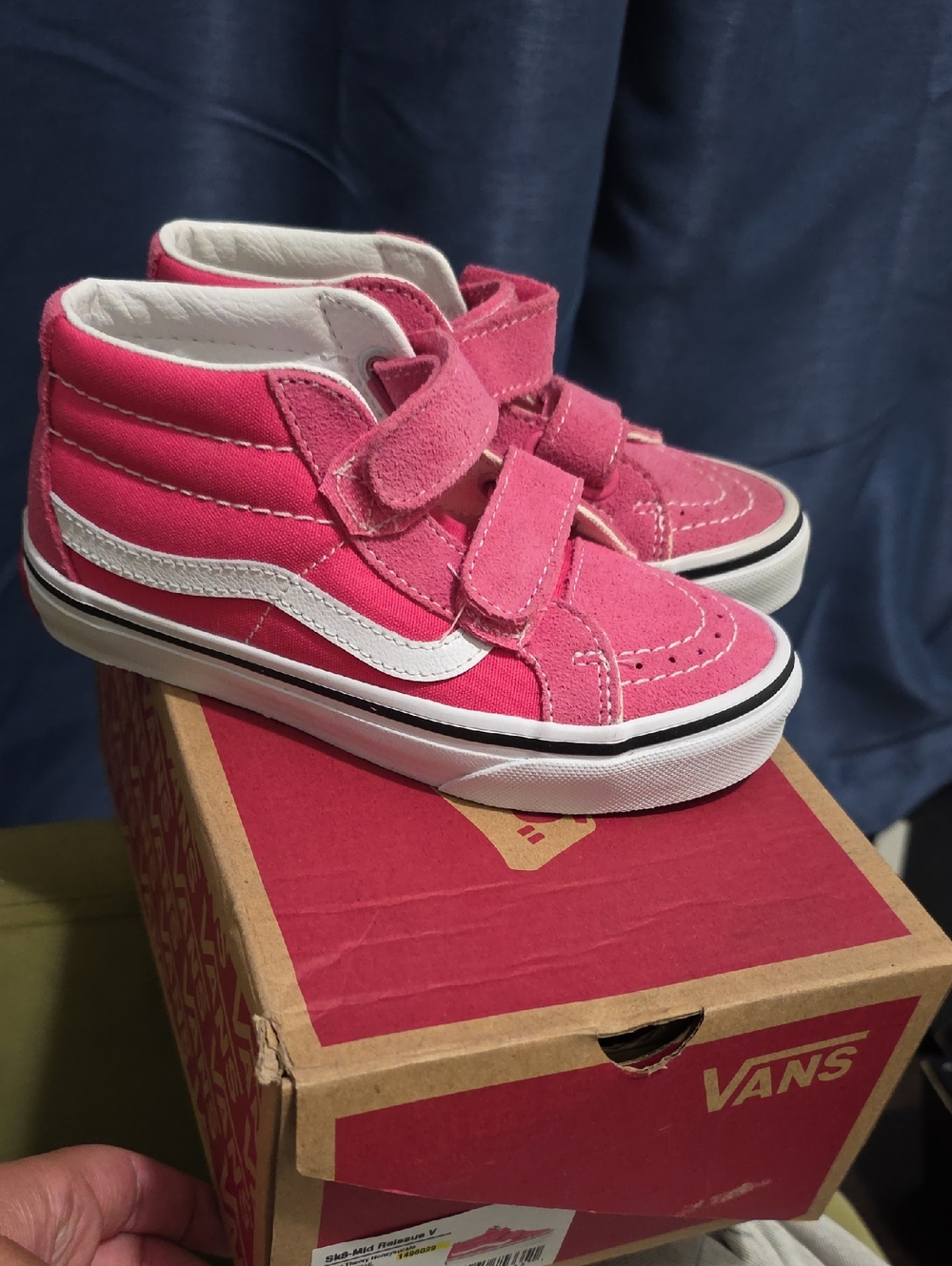 Vans Kids Pink High-Top Velcro Sneakers with White Side Stripe